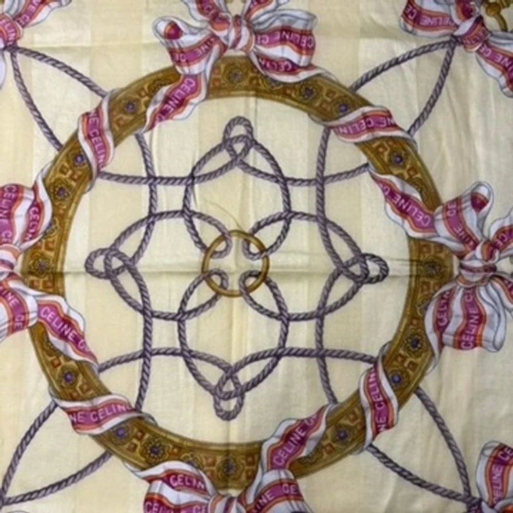 Vtg CELINE Scarf Handkerchief Bow Rope Tassel Yellow Pink 19